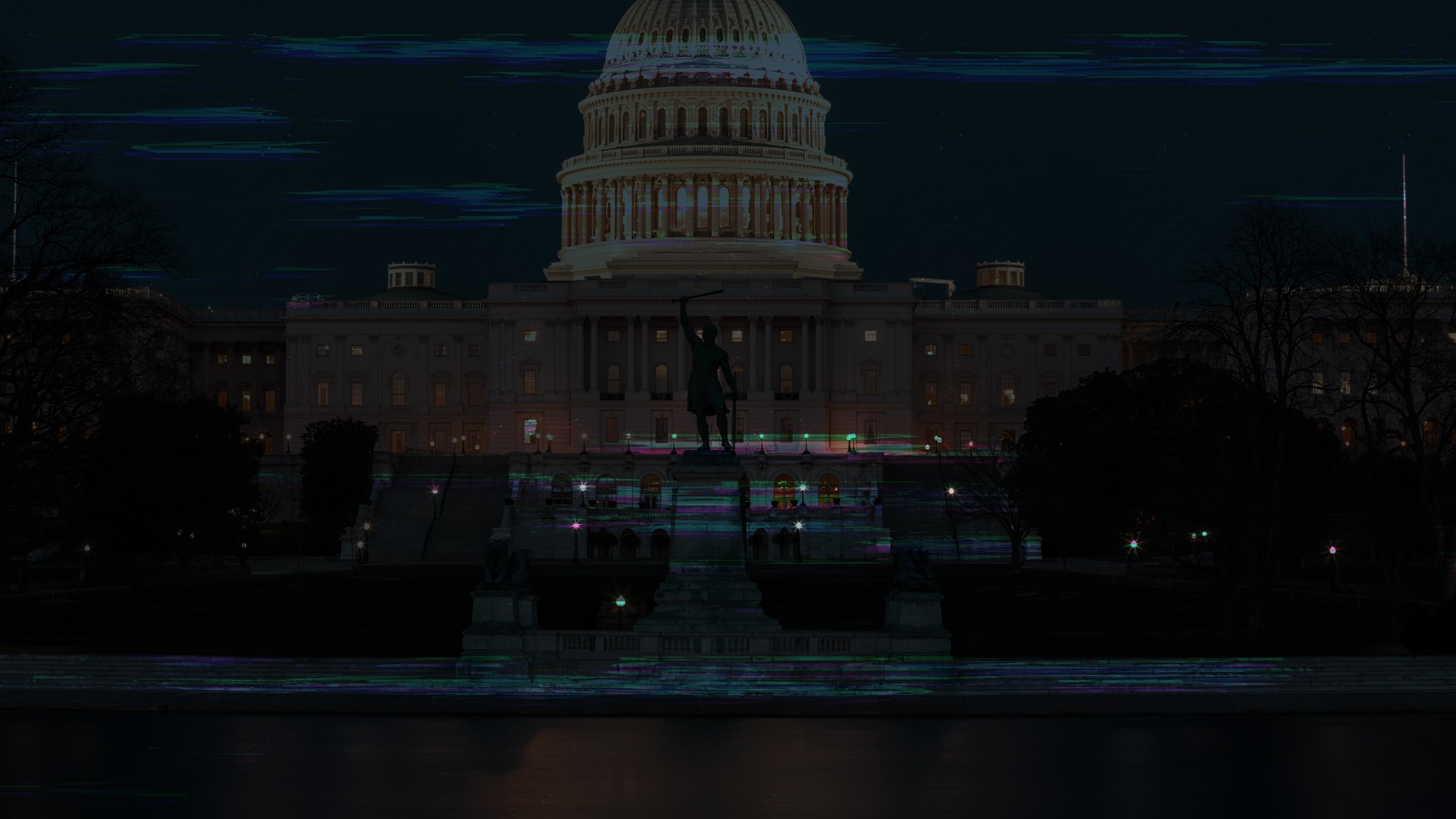 The Capitol building at night, distorted with digital glitches